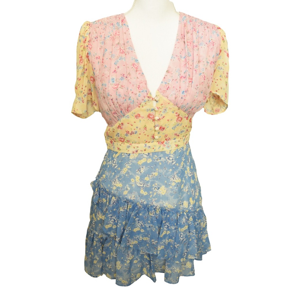 $445 NWT Love Shack Fancy Bea Silk Ruffle Color Block Floral Mini Dress Size 4